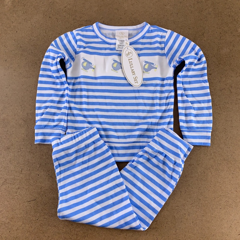 Lullaby Set Toddler Size 3T Blue White Striped Helicopter 2 Piece Pajama Set NWT